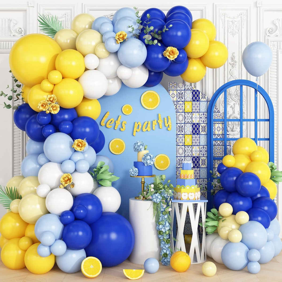 Royal Blue Light Blue Yellow White Premade Ready To Hang Balloon Garland Arch For Backdrops
