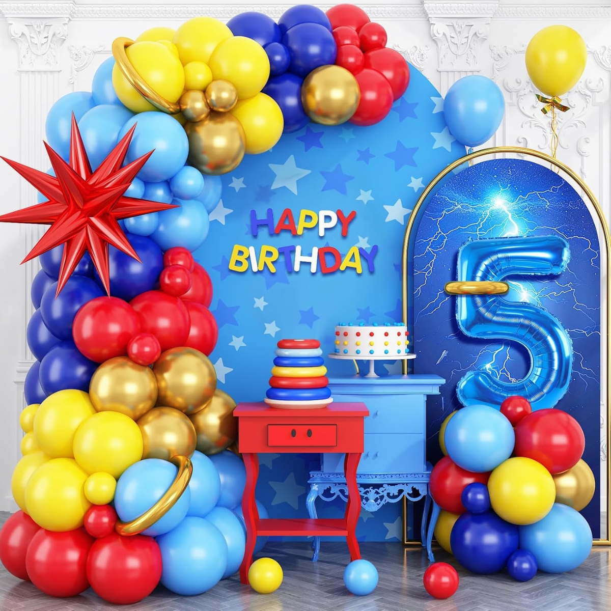 REd Yellow Royal Blue Light Blue Gold Premade Ready To Hang Balloon Garland Arch For Backdrops