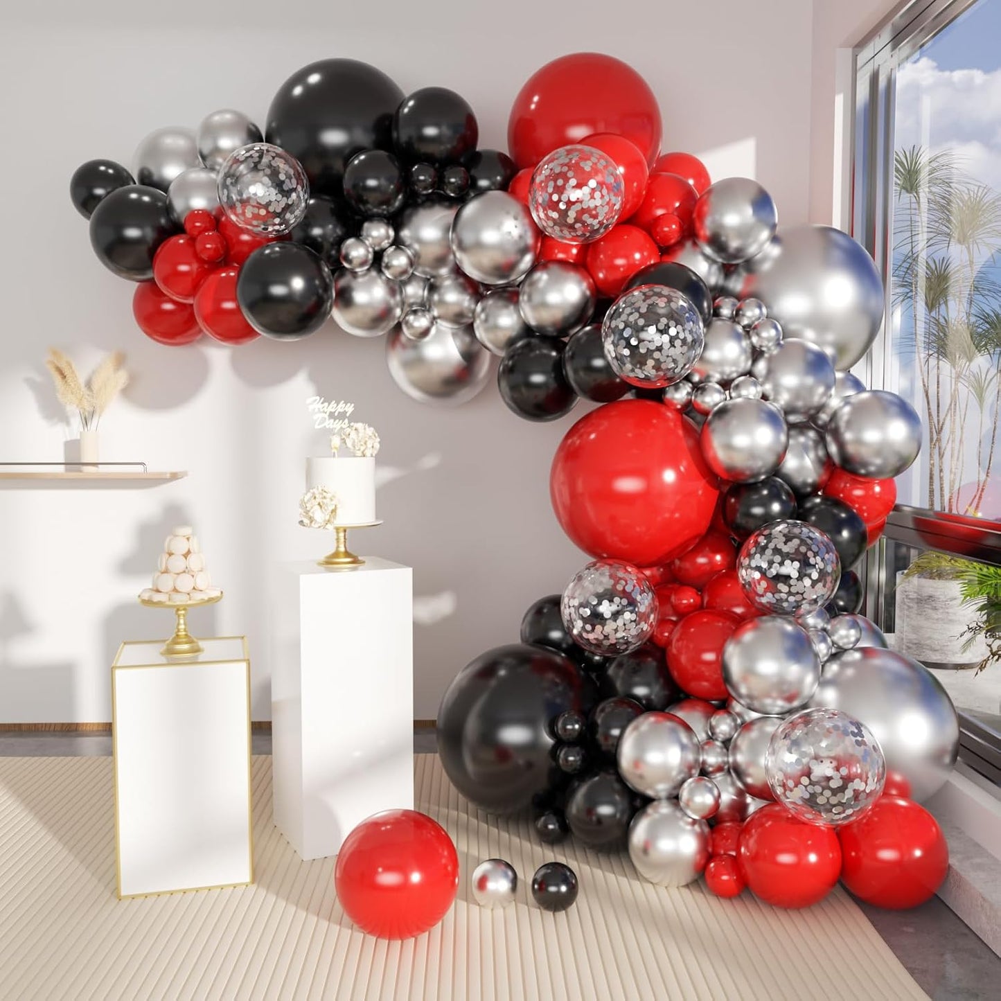Red Black Silver Clear Premade Ready To Hang Balloon Garland Arch For Backdrops