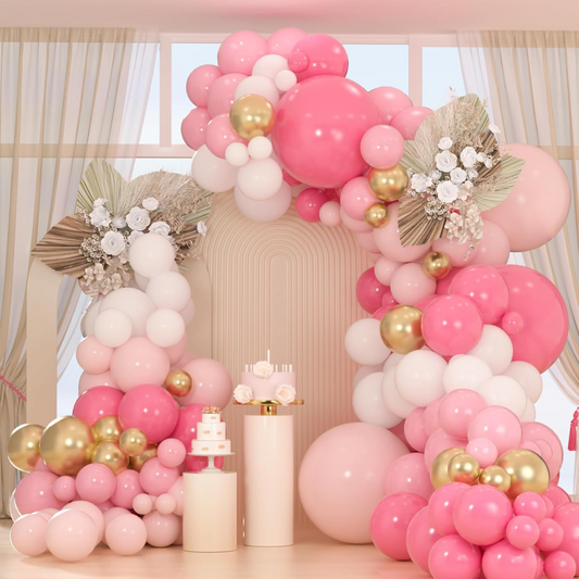 Pastel Pink White Chrome Gold Premade Ready To Hang Balloon Garland Arch For Backdrops