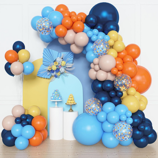 Metallic Blue Tan Light Blue Orange Mustard Premade Ready To Hang Balloon Garland Arch For Backdrops