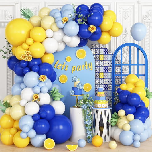 Royal Blue Light Blue Yellow White Premade Ready To Hang Balloon Garland Arch For Backdrops