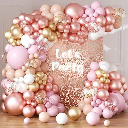 Solid and Metallic Pink Gold White Premade Ready To Hang Balloon Garland Arch For Backdrops