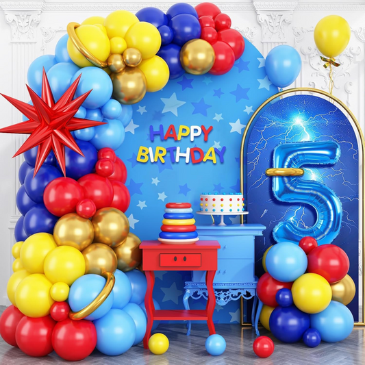 REd Yellow Royal Blue Light Blue Gold Premade Ready To Hang Balloon Garland Arch For Backdrops