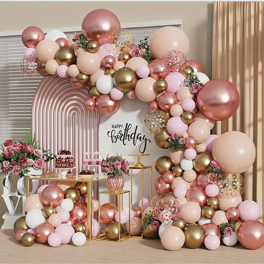Blush White Metallic Rose Gold  and Solid Gold Premade Ready To Hang Balloon Garland Arch For Backdrops