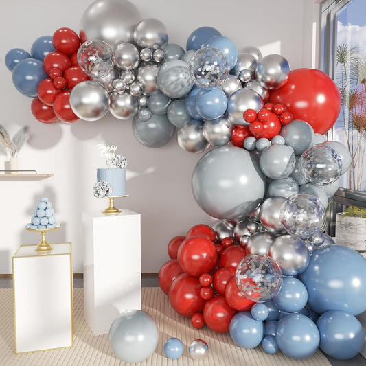 Red Grey Dusty Blue Silver Clear Premade Ready To Hang Balloon Garland Arch For Backdrops